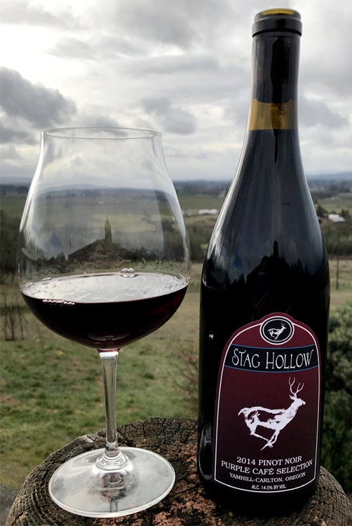 Bottle and glass of Stag Hollow 2014 Pinot Noir